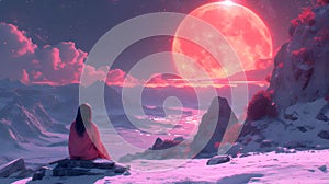 Cosmic escapism. Fantasy scene in pink colors. A woman watches the cosmic sky