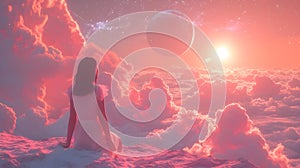 Cosmic escapism. Fantasy scene in pink colors. A woman watches the cosmic sky