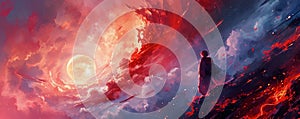 cosmic evocative illustration featuring a figure standing before a swirling vortex of crimson and navy hues, with a