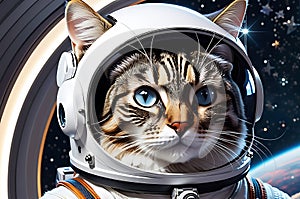 Cosmic Explorer: Close-Up of a Cat Wearing an Astronaut Helmet, Gazing into the Cosmos Reflected in the Visor