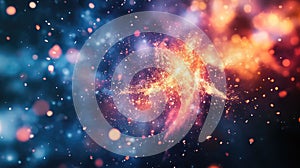 Cosmic explosion creating colorful glowing particles in space