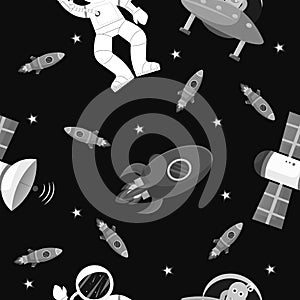 Cosmic fabric for kids. Astronaut with rocket and