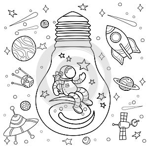 Cosmic fantasy. Astronaut in a big light bulb, the universe around