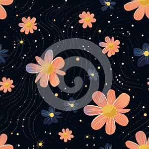Cosmic Floral Pattern: Dark Sky-blue And Light Orange With Stars, Flowers, And Planets