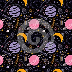 Cosmic Galaxy constellation seamless pattern. Cosmic abstract background of stars, comets, galaxies, constellations