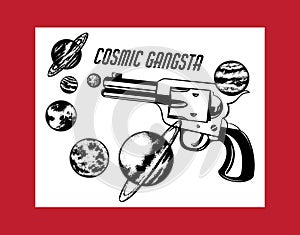 Cosmic gangsta. Vector hand drawn illustration of handgun with planets.