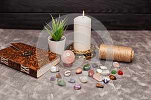 Cosmic healing crystals. Row of chakra crystals. Healing crystal stone