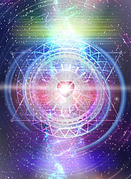 Cosmic heart, DNA spiral glowing in Universe fractals, merkaba, portal, flower of life, diamond heart grid