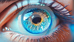 Cosmic human eyes in close range light blue, generative AI