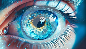 Cosmic human eyes in close range light blue, generative AI