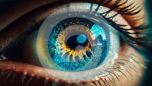 Cosmic human eyes in close range light blue, generative AI