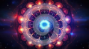 Cosmic kaleidoscope background. Abstract sci-fi mandala fractal luminous neon glowing colorful lights wallpaper