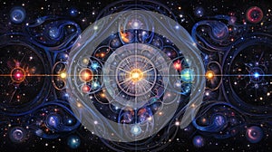 Cosmic kaleidoscope background. Abstract sci-fi mandala fractal luminous neon glowing colorful lights wallpaper