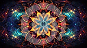 Cosmic kaleidoscope background. Abstract sci-fi mandala fractal luminous neon glowing colorful lights wallpaper