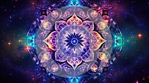 Cosmic kaleidoscope background. Abstract sci-fi mandala fractal luminous neon glowing colorful lights wallpaper