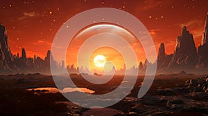 Cosmic landscape with planets,stars and galaxies in space. Sunrise over planet in outer space