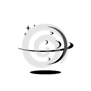Cosmic logo abstract planet with rings, craters and stars black and white negative space style