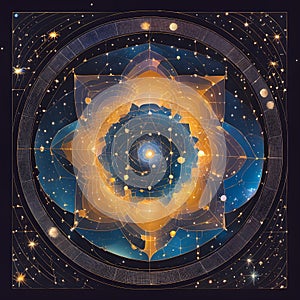 Cosmic Mandala Art with Celestial Bodies and Starry Design