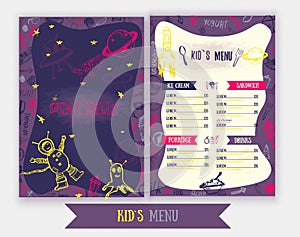 Cosmic meals Kids menu. Cute colorful hand drawn vector template. Design for party, cafe with monsters, astronaut.