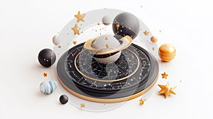 A cosmic model with planets and stars floating around a rotating ring isolated on a white background photo