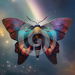 A cosmic moth with wings of shifting nebulae, attracted to the celestial light of distant stars4