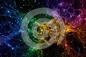 Cosmic network of glowing interstellar web in multicolored space