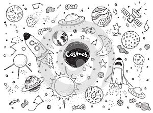 Cosmic objects set. Hand drawn vector doodles. Rockets, planets, constellations, ufo, stars, etc. Space theme.