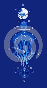 Cosmic octopus and seashell. Magic underwater life. Space marine composition. Ocean creatures
