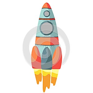 Cosmic rocket in flat design on white background. Isolated rocket space ship in flat style. Concept Start up Business