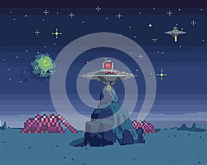 Cosmic scene in pixel art. Pixelated location for game or app. Background of space and spaceship