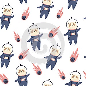 Cosmic seamless pattern with cute panda bear astronauts