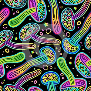 Cosmic seamless vector pattern of rainbow psilocybin mushrooms. Amazing wallpapers of hallucinogenic mushrooms in vibrant colors.