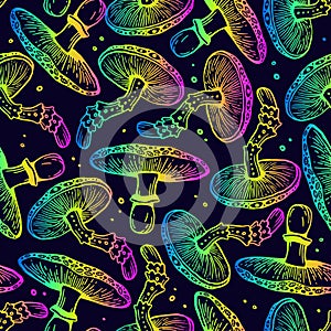 Cosmic seamless vector pattern of rainbow psilocybin mushrooms. Stylish wallpaper of hallucinogenic mushrooms in acid colors.