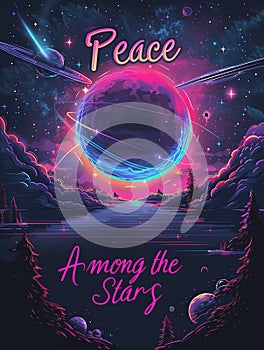 Cosmic Serenity: Planet with Stars and Celestial Bodies, \'Peace Among the Stars\' Quote in Neon Sci-Fi Font photo