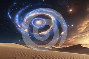 Cosmic spiral galaxy, swirling blue and gold nebula, starry night sky, desert landscape, sand dunes, photo
