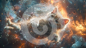 In a cosmic twist, an astronaut cat floats weightlessly among the stars, exploring the mysterie