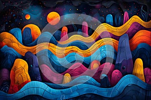 Cosmic Waves: Vivid Doodle Art for Creative Exploration. Concept Cosmic Waves, Doodle Art, Creative