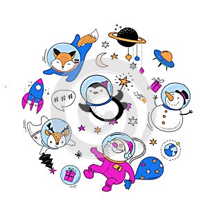 Cosmic Xmas design elements: Santa, Penguin, Deer, Fox and a space ship