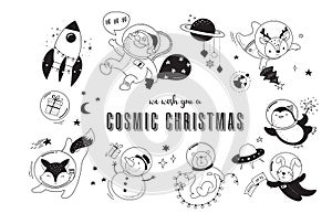 Cosmic Xmas illustrations, with Santa, Penguin, Deer, Fox and a space ship