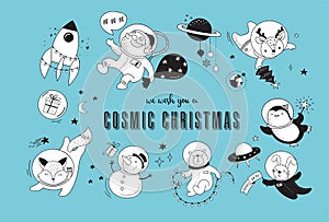 Cosmic Xmas illustrations, with Santa, Penguin, Deer, Fox and a space ship