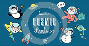 Cosmic Xmas illustrations, with Santa, Penguin, Deer, Fox and a space ship