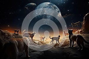 cosmic zoo, with a herd of felines walking among the stars