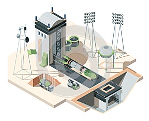 Cosmodrome isometric illustration. Cargo rocket on platform exploratory space flight complete system of radar towers and