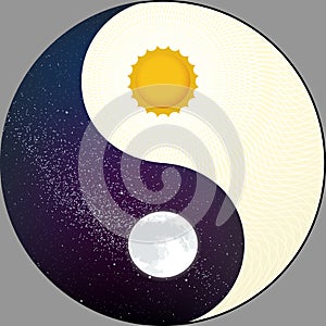 Cosmological yin yang with sun and moon. Night and day.