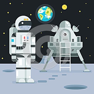 Cosmonaut Astronaut Landing Planet Lander Icon on Stylish Earth Moon Stars