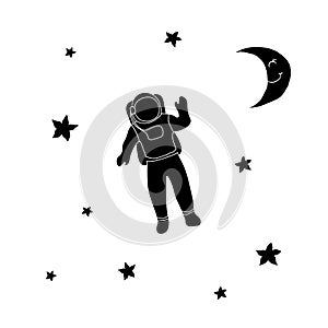 Cosmonaut astronaut, moon and stars. Black outline on white background. Vector illustration