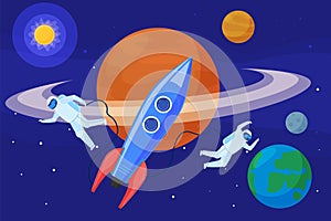 Cosmonaut, astronaut in outer space, planet saturn, earth, mars, moon, sun, rocket, flat vector illustration. Space