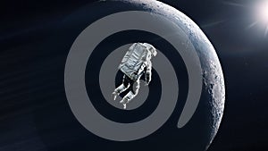 Cosmonaut is flying in outer space on Moon background. Elements of this image furnished by NASA