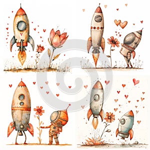 Cosmonaut in love and rocket. Adorable watercolor nursery illustration for Valentine\'s Day greeting or Wedding Invitation
