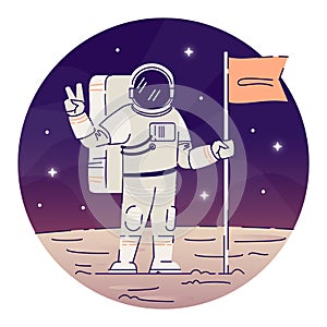 Cosmonaut placing flag on moon flat concept icon. Astronaut in space suit showing peace sign sticker, clipart. Alien
